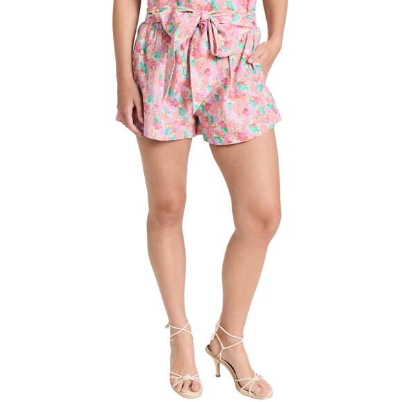 Something Navy Pink Floral Tie Waist Pleated Linen Bow Tie Shorts Small/Medium - Picture 1 of 14